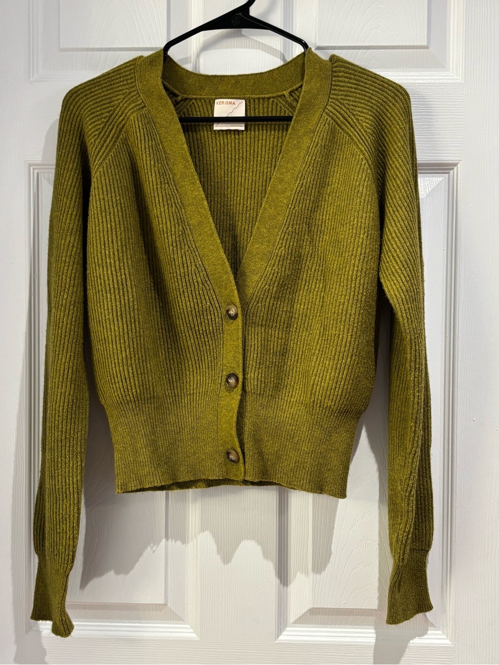Kerisma Olive Green Ribbed V-Neck Button Cardigan